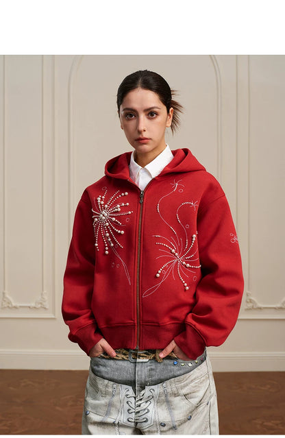 Pearl Embroidered Zip Hoodie