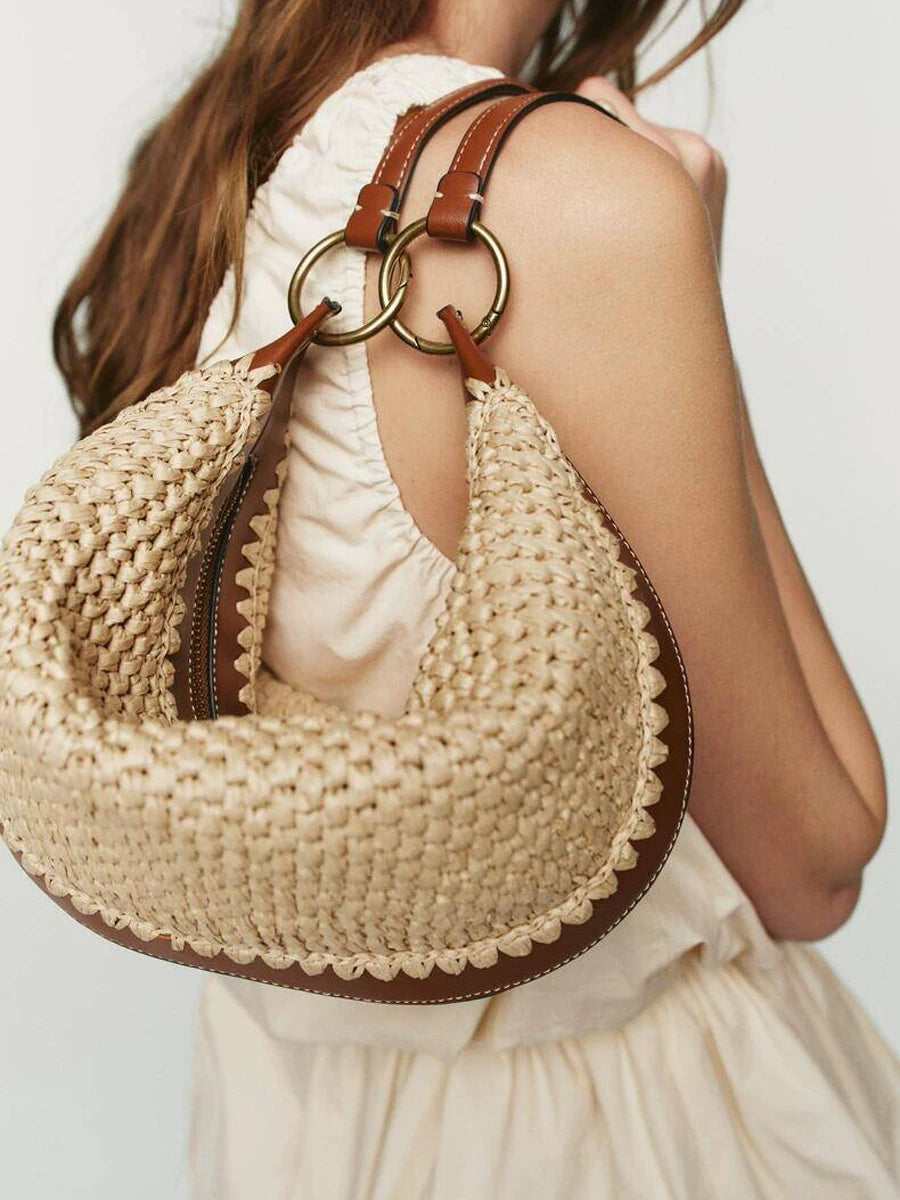 Woven Crescent Tote Bag on model