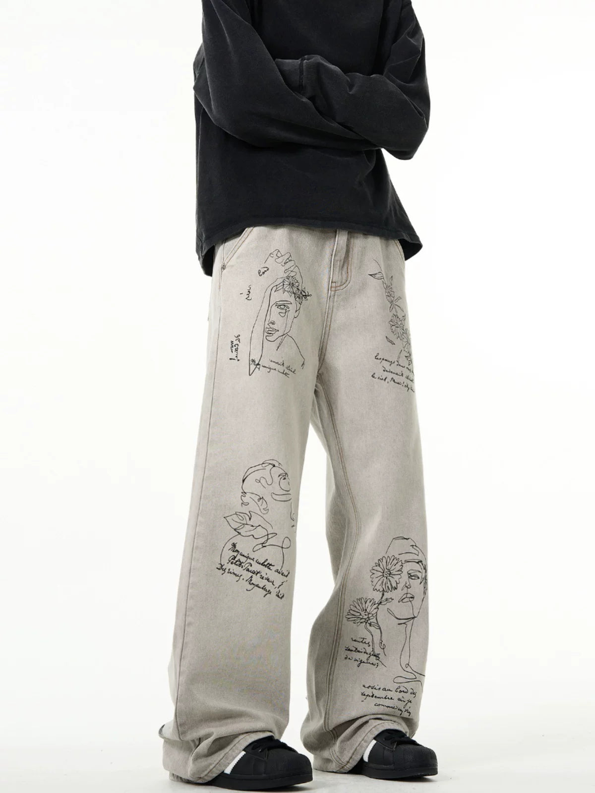 Graffiti Distressed Flared Denim Jeans