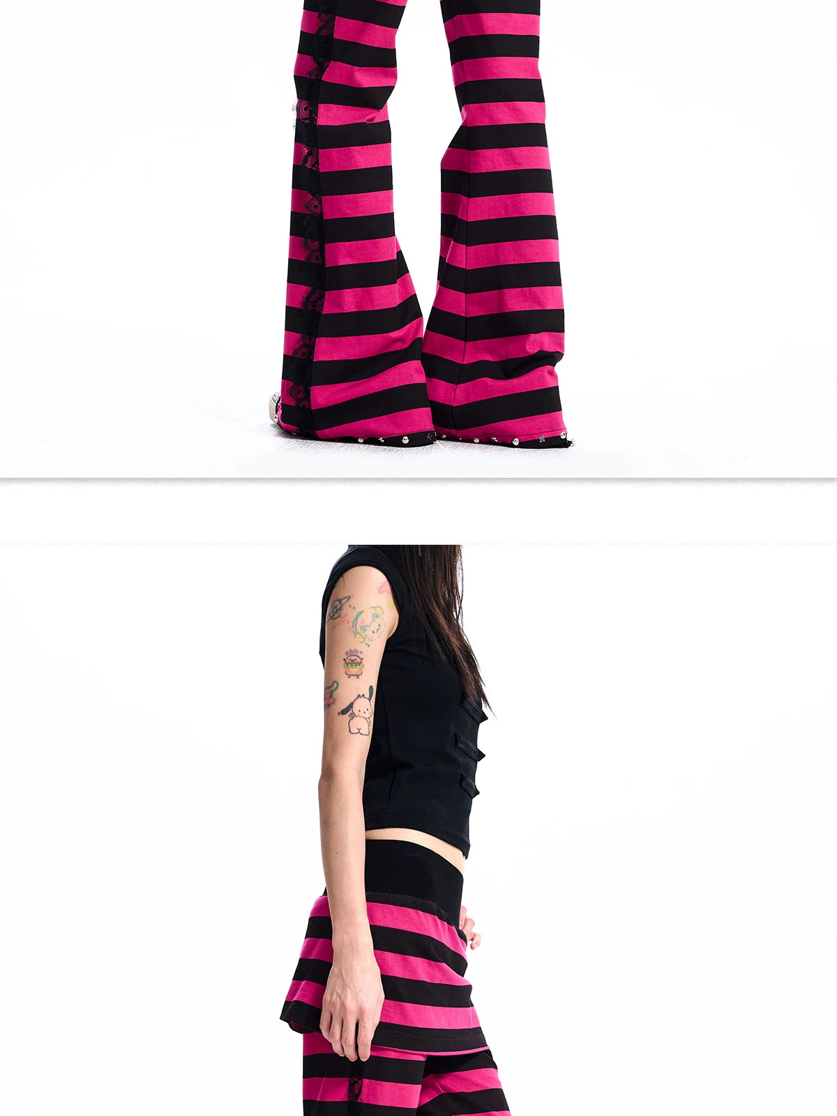 Striped Lace-Trim Flare Pants