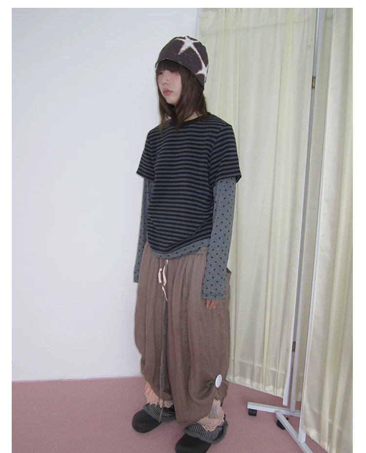 Grey Polka Dot Stripe Layered Long-Sleeve Tee