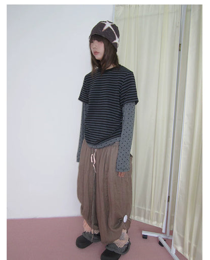 Grey Polka Dot Stripe Layered Long-Sleeve Tee
