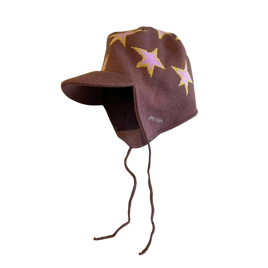 Star Print Earflap Beanie in Navy, Pink, Army Green and Dark Brown color