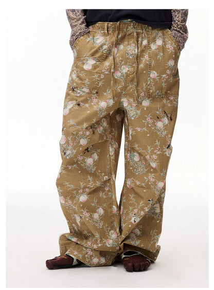 Distressed Floral Wide-Leg Cargo Pants
