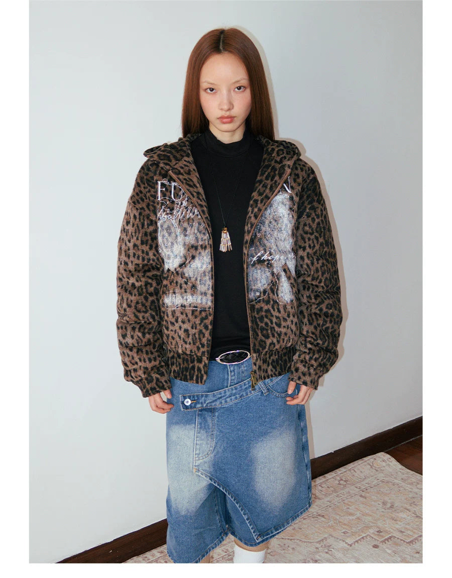 Distressed Leopard Print Padded Hooded Jacket on model