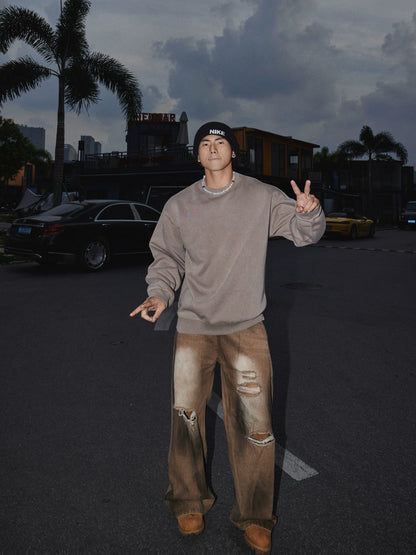 Taupe crewneck sweatshirt, full-length front view on model