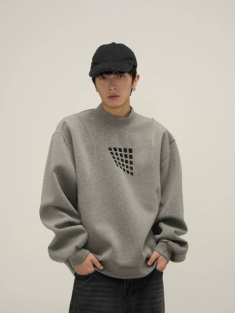 Grid Motif Relaxed Crewneck Sweatshirt in gray