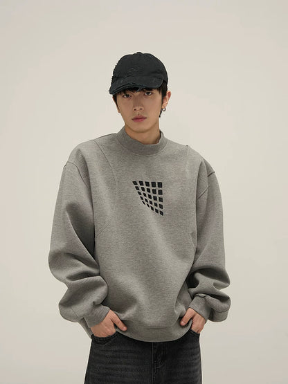 Grid Motif Relaxed Crewneck Sweatshirt in gray