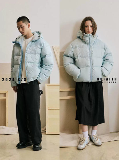 Black and gray hooded puffer jackets shown on models