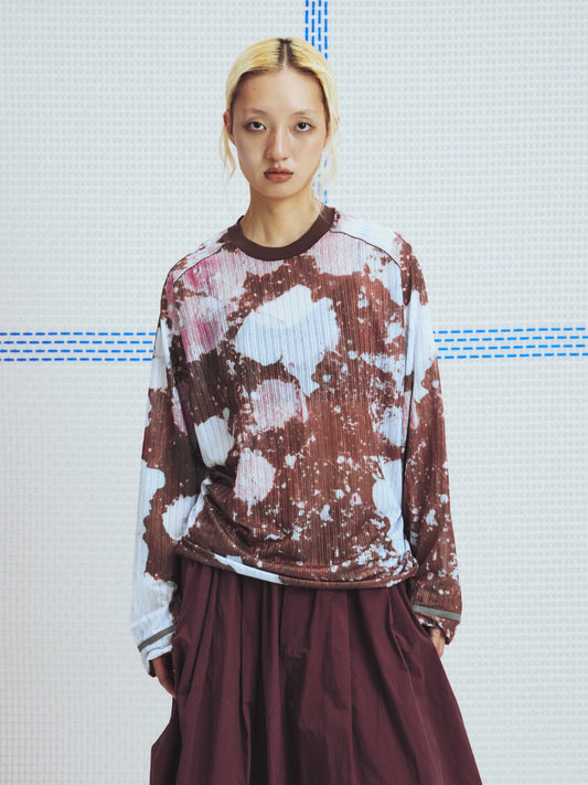 Peach pink nature print mesh long sleeve T-shirt, front view