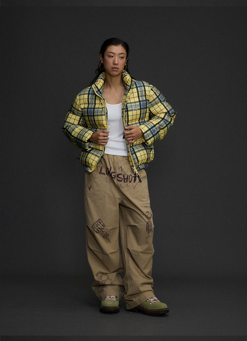 Yellow Plaid Hooded Puffer Jacket product photo, yellow plaid