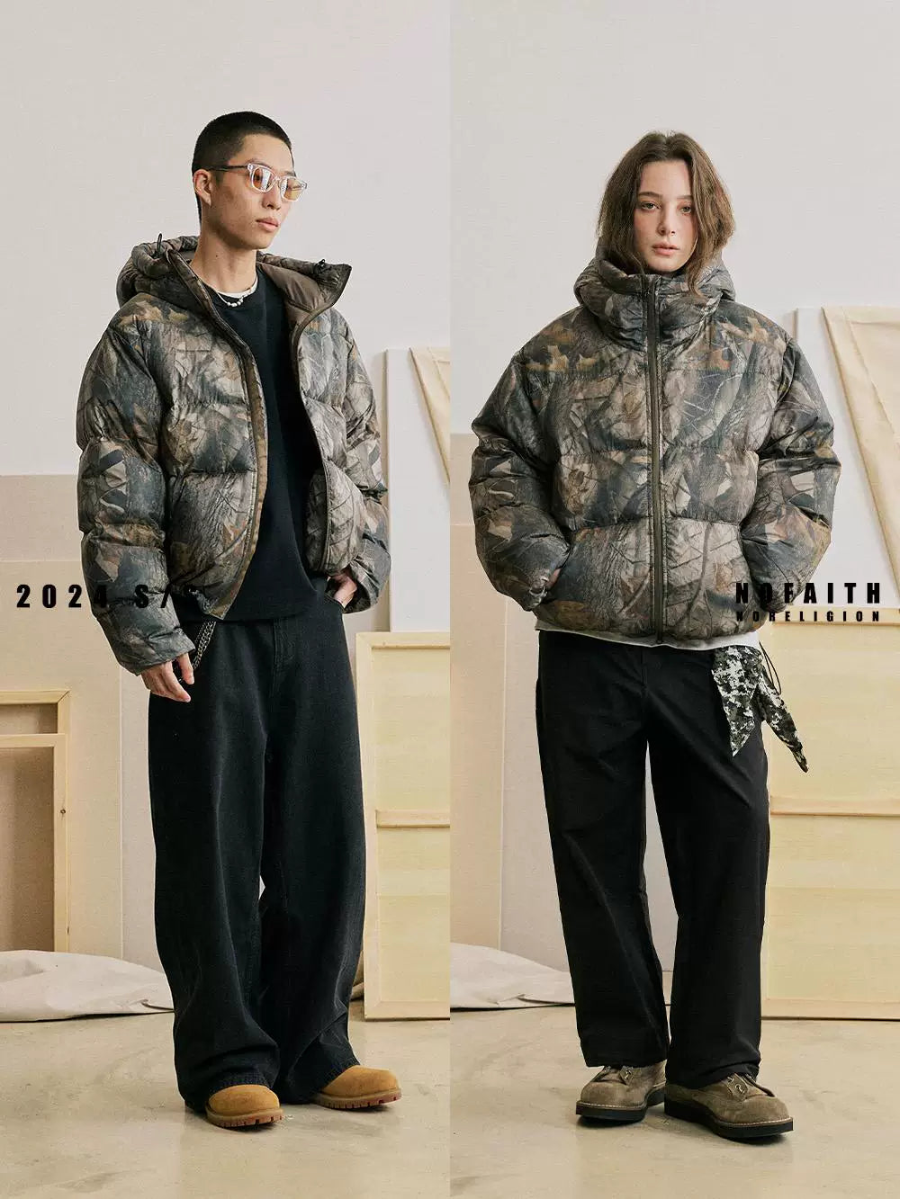 Gray and brown hooded puffer jackets shown on models