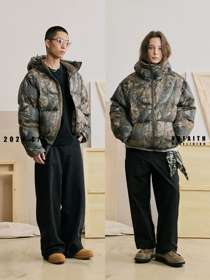 Gray and brown hooded puffer jackets shown on models