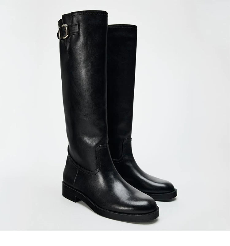 Women's Buckle Round Toe Block Heel Knee-High Boots