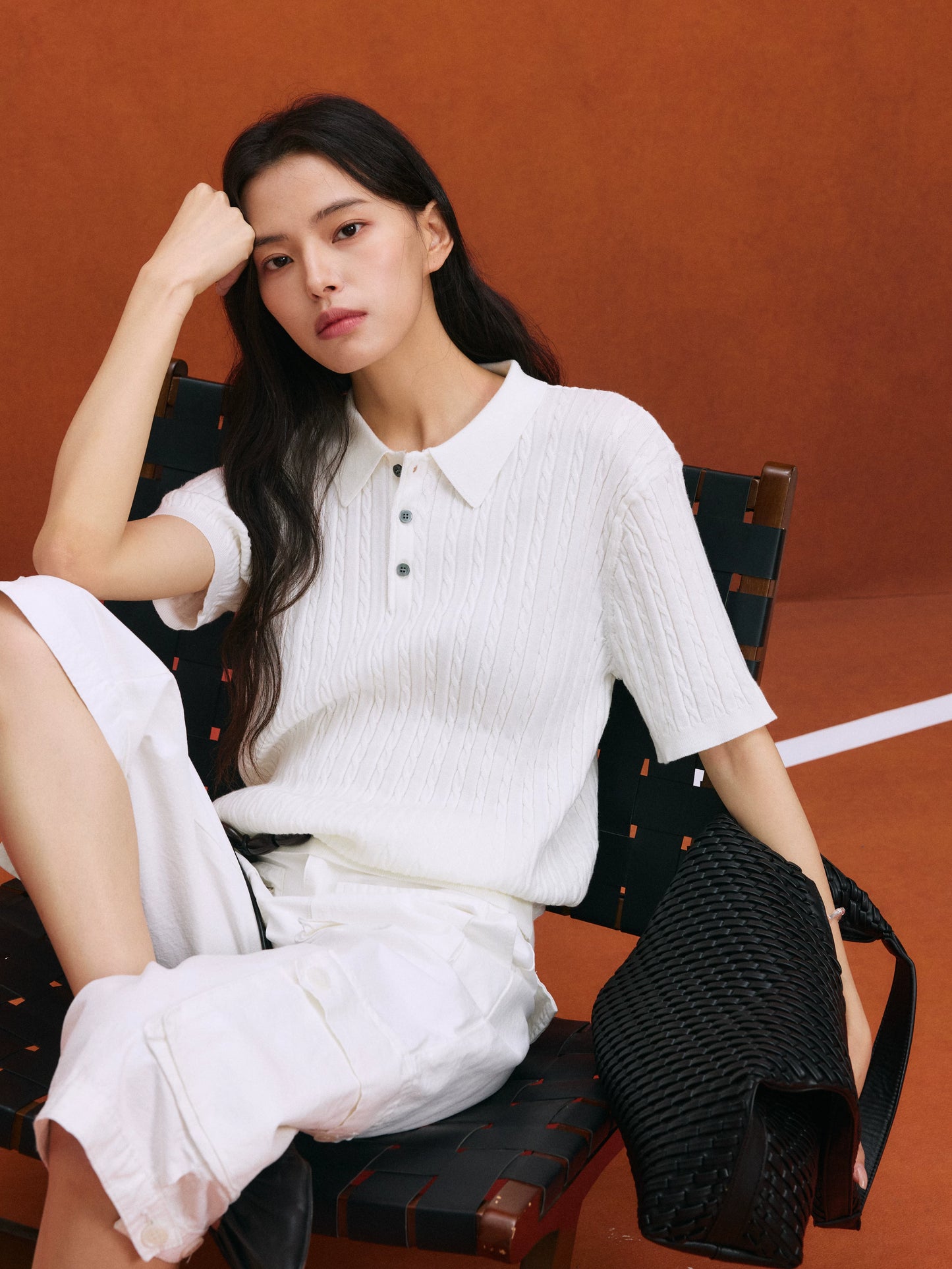 Relaxed Wool-Blend Cable Knit Polo Shirt