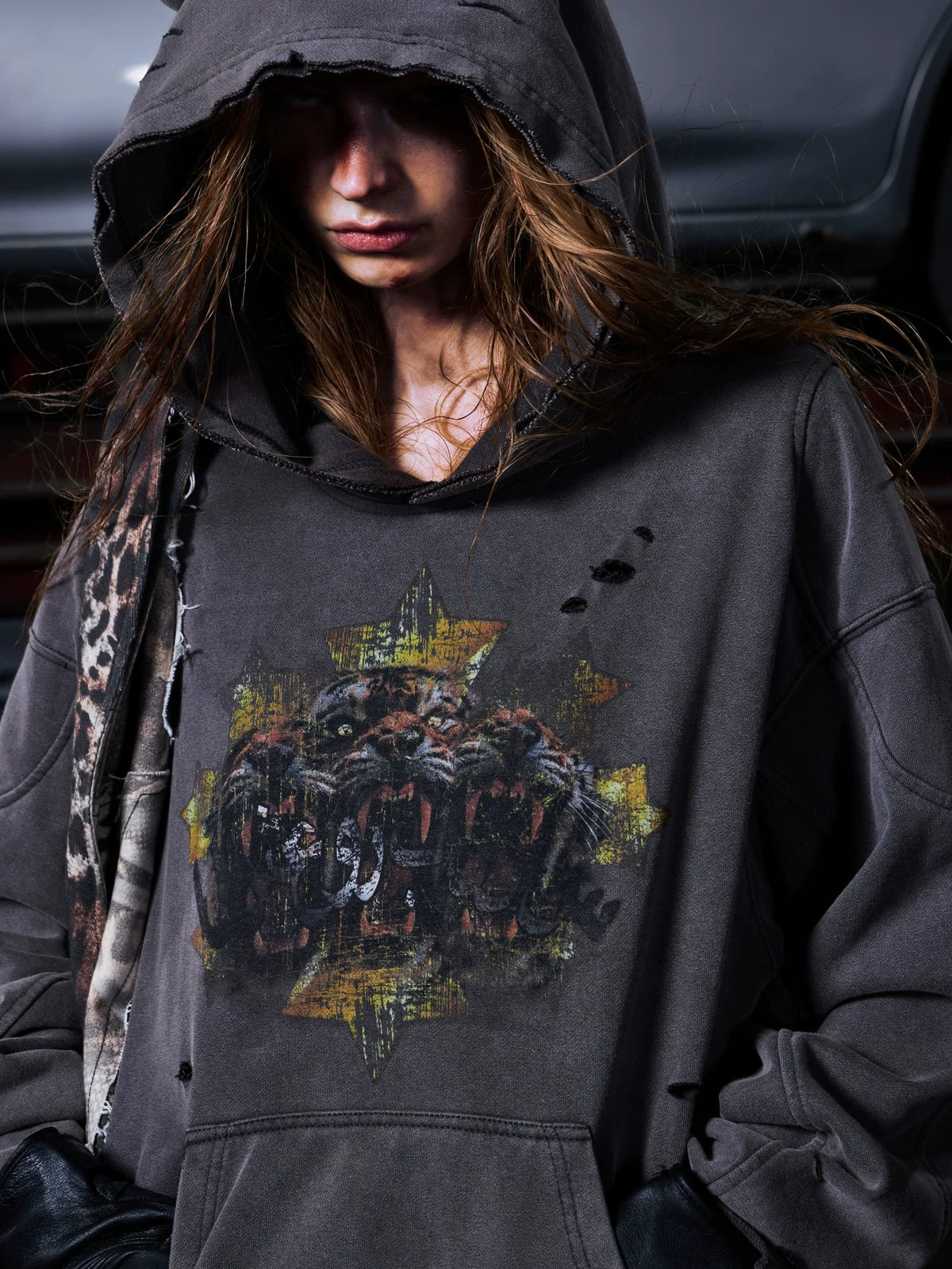 Grey distressed hoodie with chest graphic