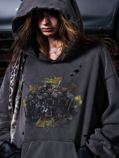 Grey distressed hoodie with chest graphic