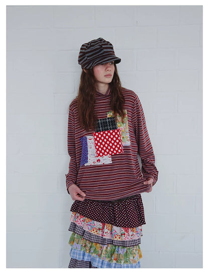 Brown Patchwork Stripe Long-Sleeve Top