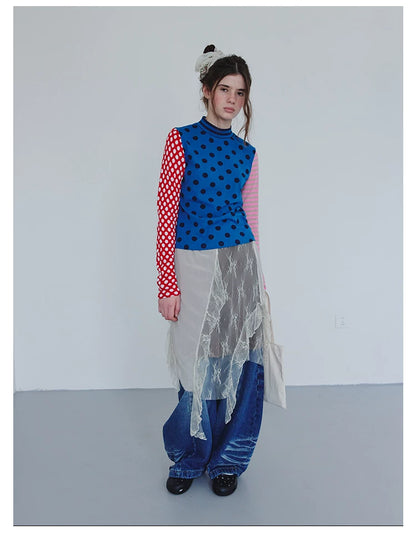 Blue Polka Dot Stripe Colorblock Long-Sleeve Tee