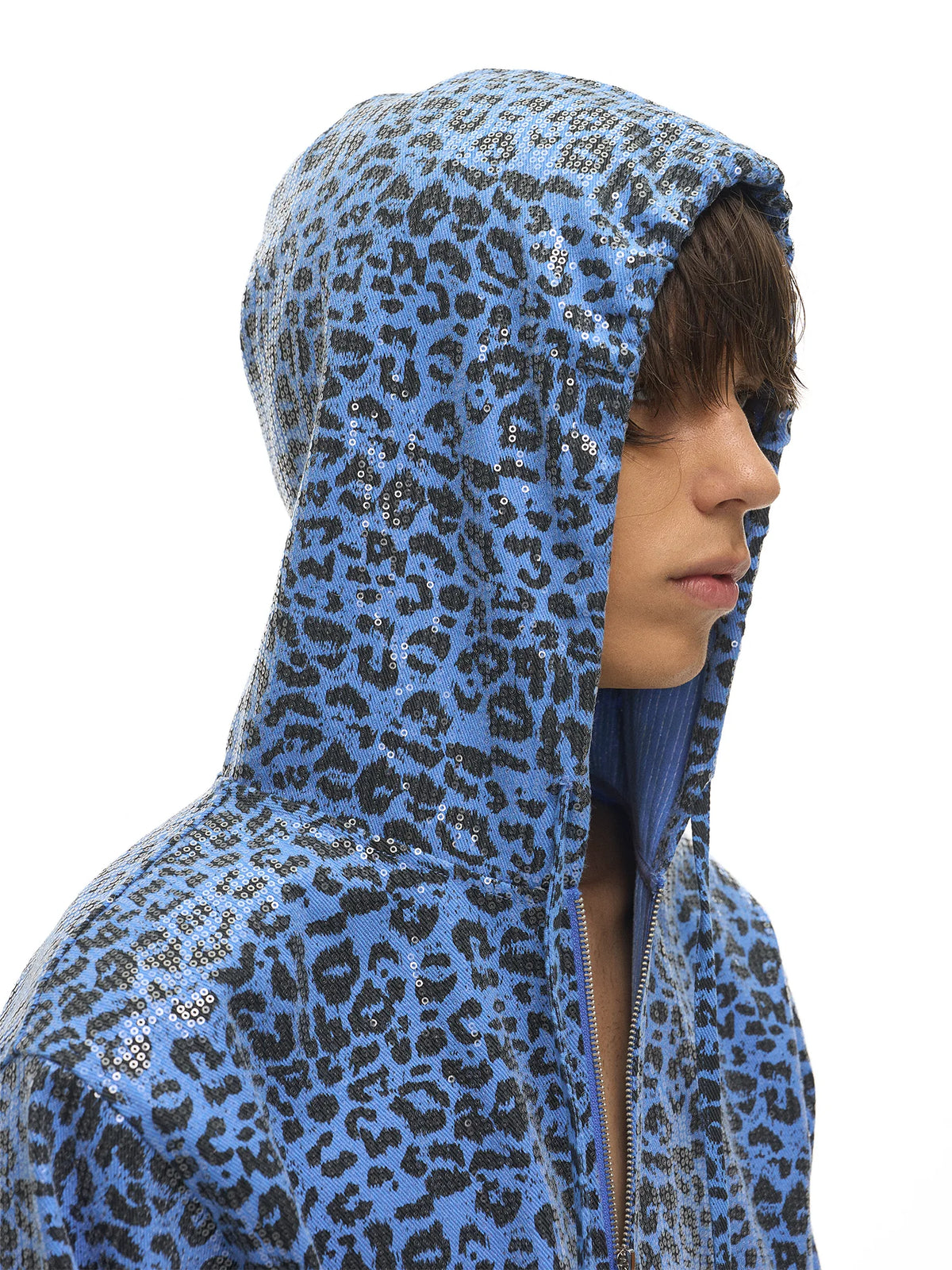 Leopard Sequin Cotton Zip Hoodie — Blue hood and sequin detail