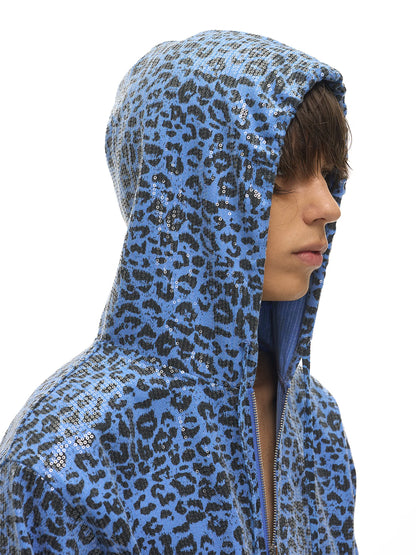 Leopard Sequin Cotton Zip Hoodie — Blue hood and sequin detail