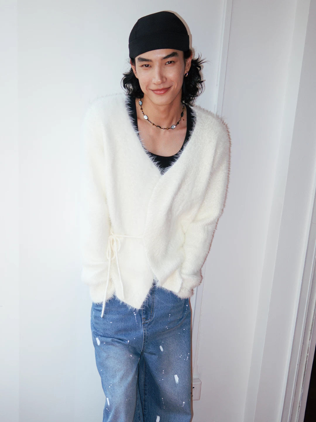 Soft Faux Mink Tie-Front V-Neck Cardigan