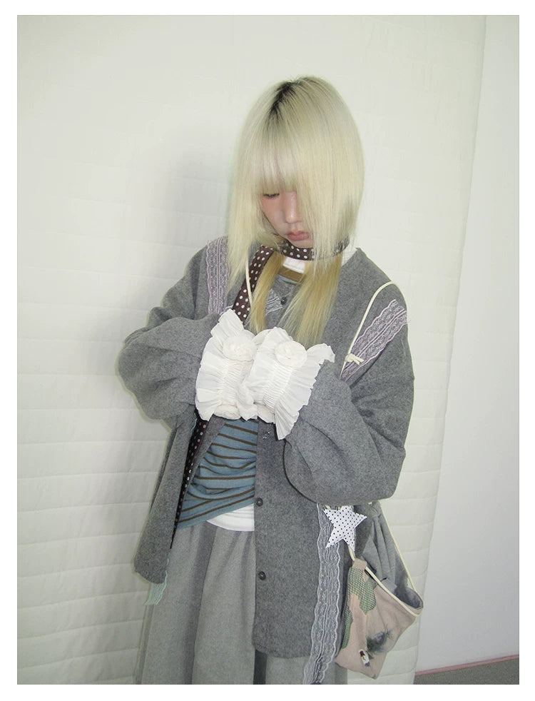 Grey Lace-Trim Ruffle Cuff Cardigan