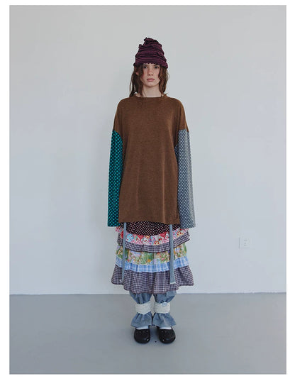 Langarm-Sweatshirt mit braunen Streifen und Polka Dots