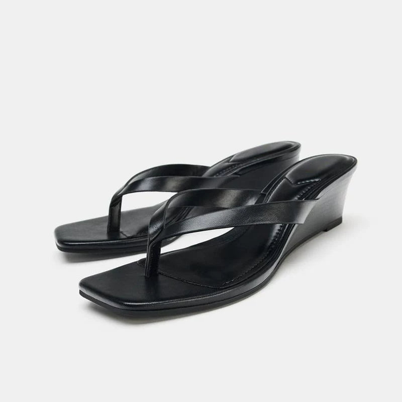 Women's Square Toe Wedge Thong Slide Sandals