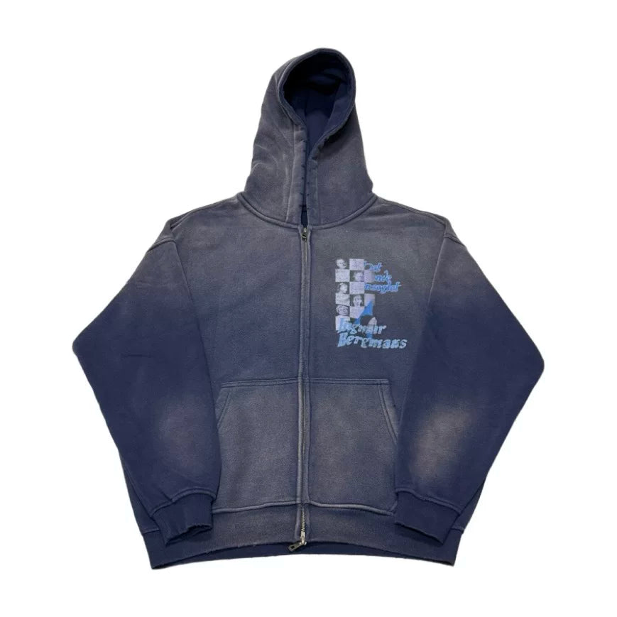 Faded navy graphic zip hoodie, front view