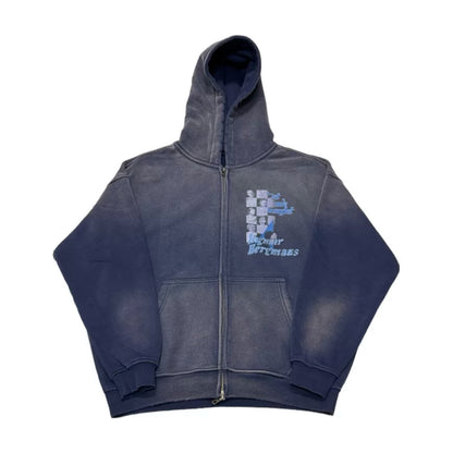 Faded navy graphic zip hoodie, front view