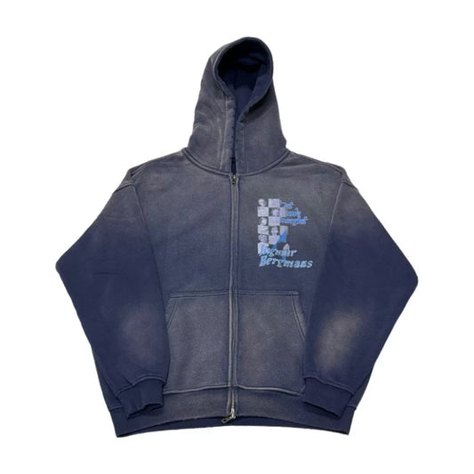 Faded navy graphic zip hoodie, front view