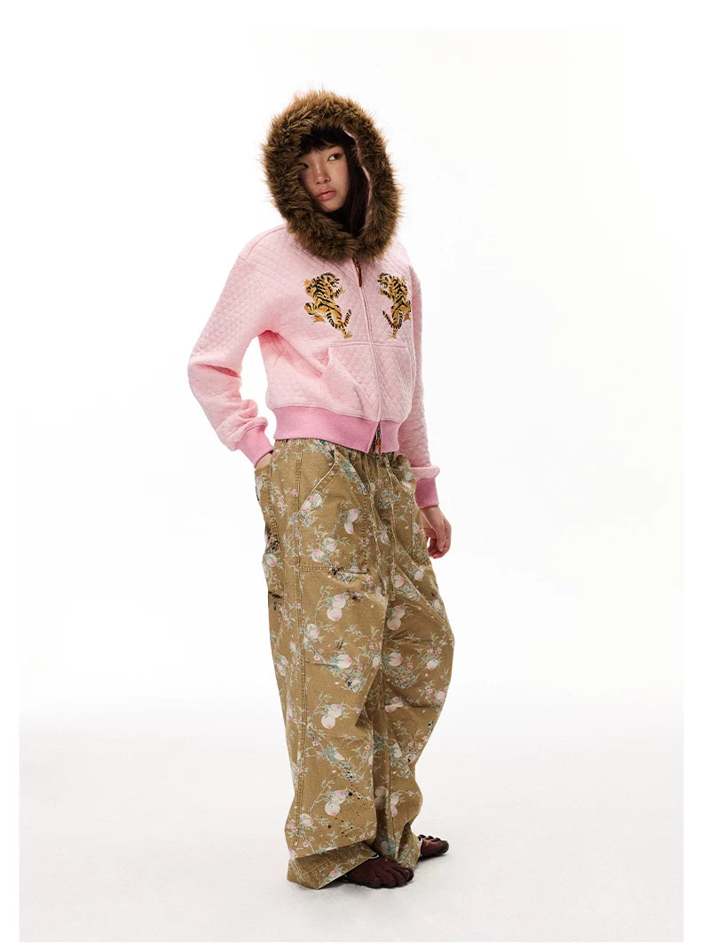 Distressed Floral Wide-Leg Cargo Pants
