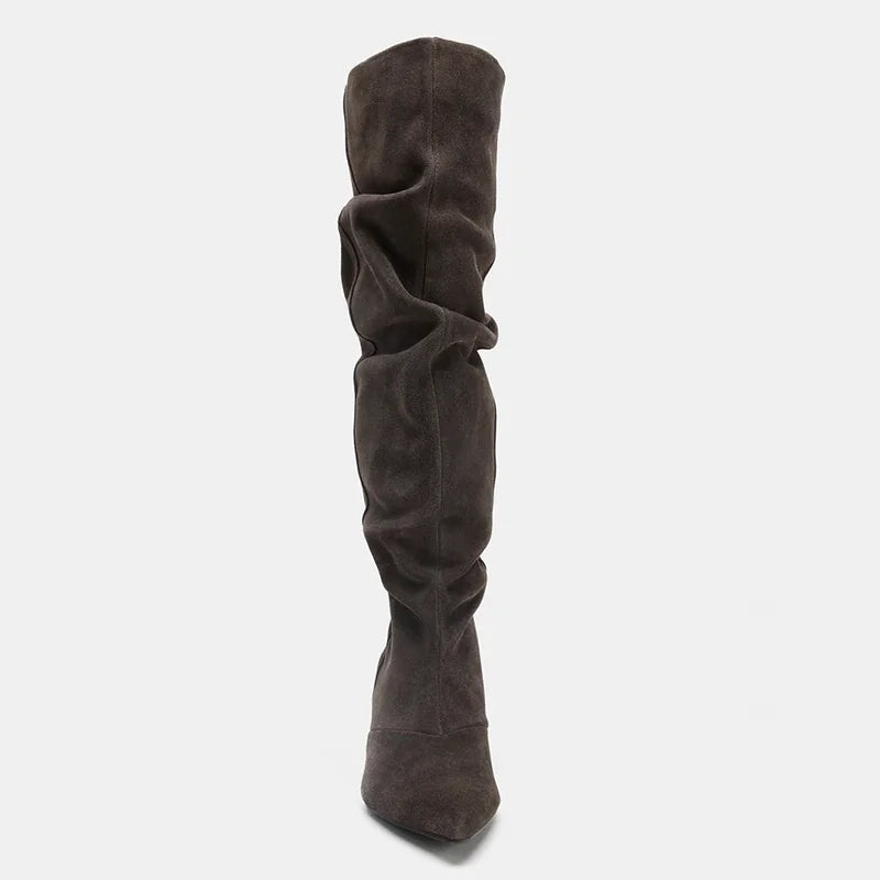 Women's Ruched Pointed Toe Kitten Heel Knee-High Boots