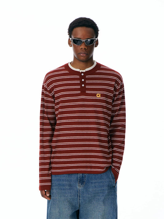 Red striped layered-look Henley sweater, front view