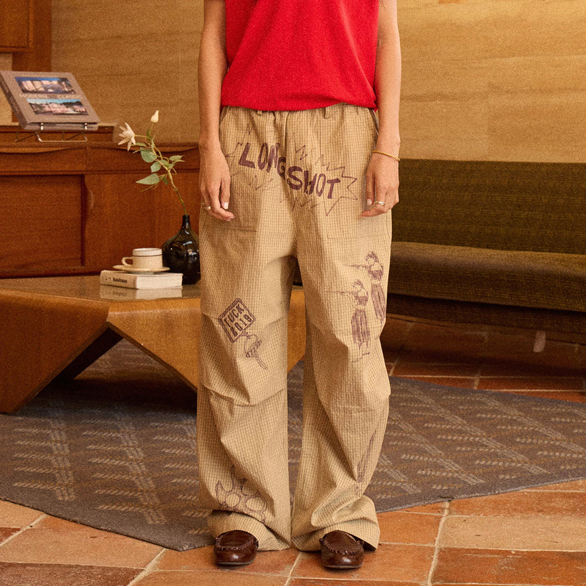 Hand-Drawn Print Wide-Leg Cargo Pants product photo