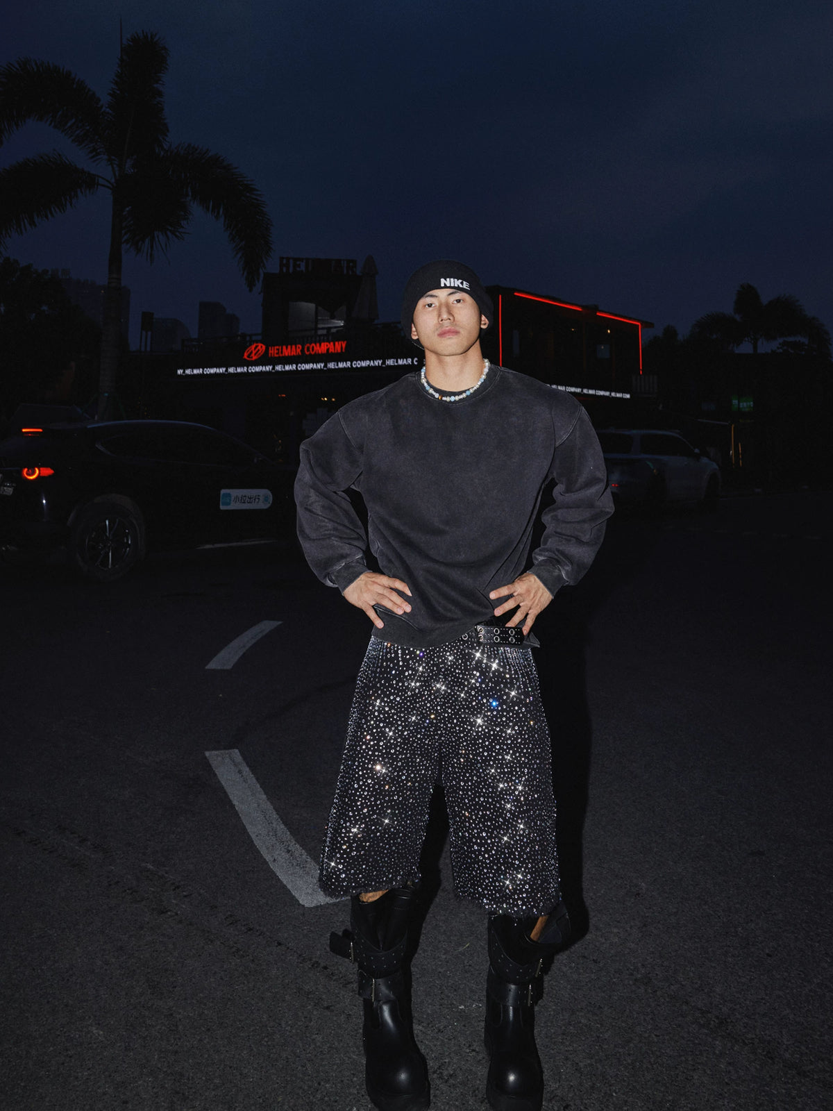 Charcoal crewneck sweatshirt, full-length front view on model