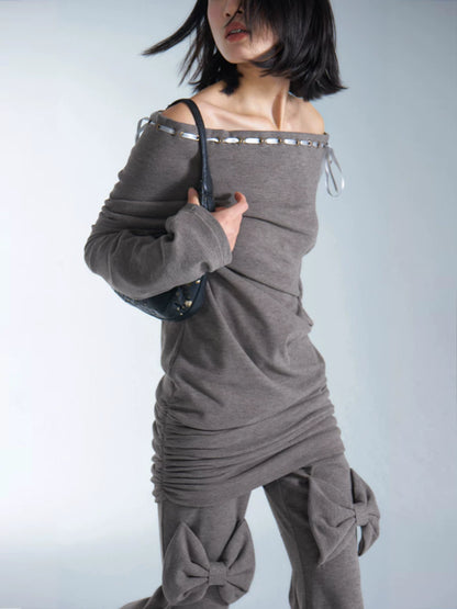 TROPICEYE Off-Shoulder Knit Mini Dress — Camel Grey