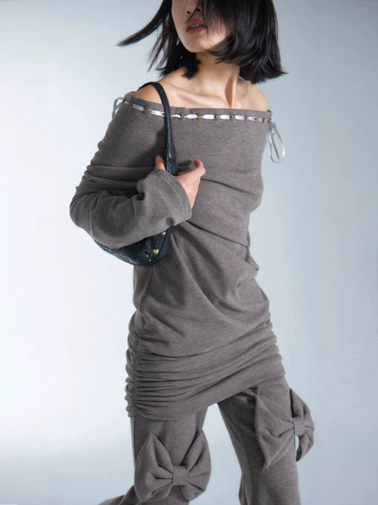 TROPICEYE Off-Shoulder Knit Mini Dress — Camel Grey