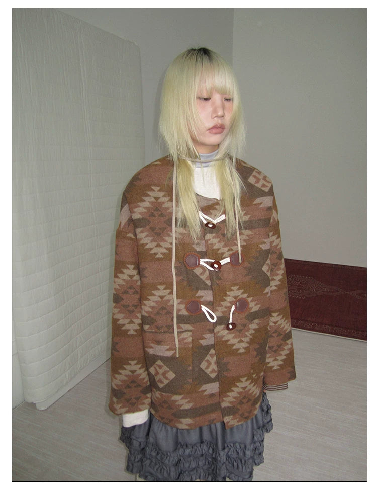 Brown Geometric Jacquard Padded Toggle Coat