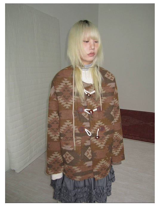 Brown Geometric Jacquard Padded Toggle Coat - view 2