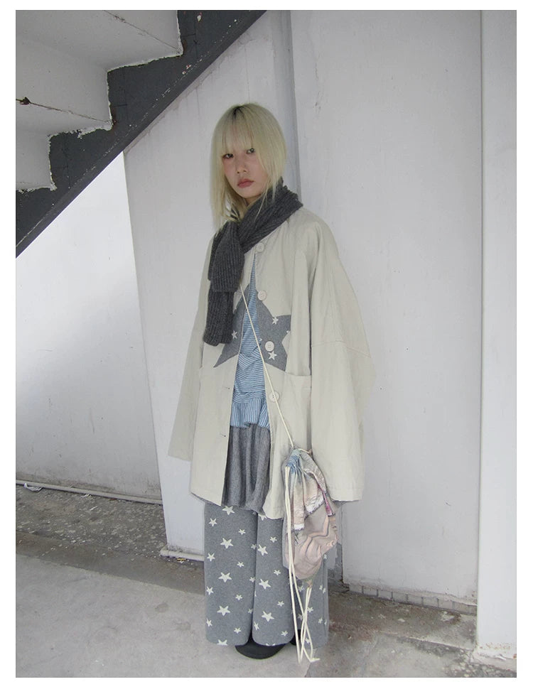 Star Print Mid-Length Button Cardigan