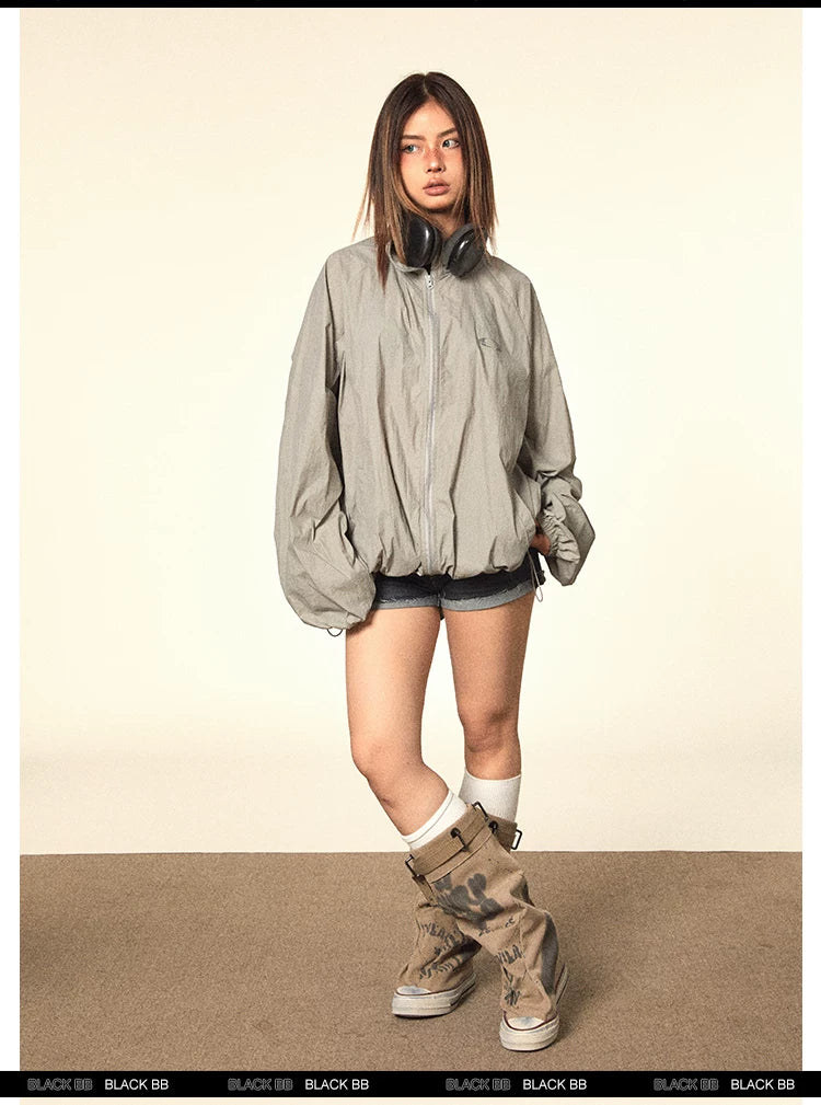 Crinkled Stand Collar Zip Jacket