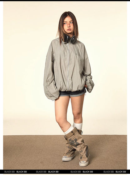 Crinkled Stand Collar Zip Jacket