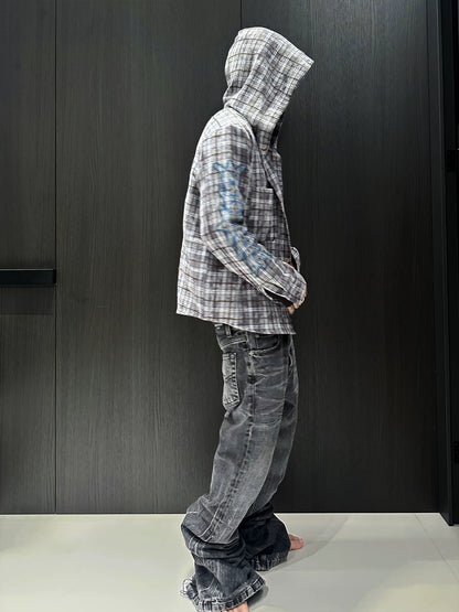 Blue-grey plaid hooded shirt, side view