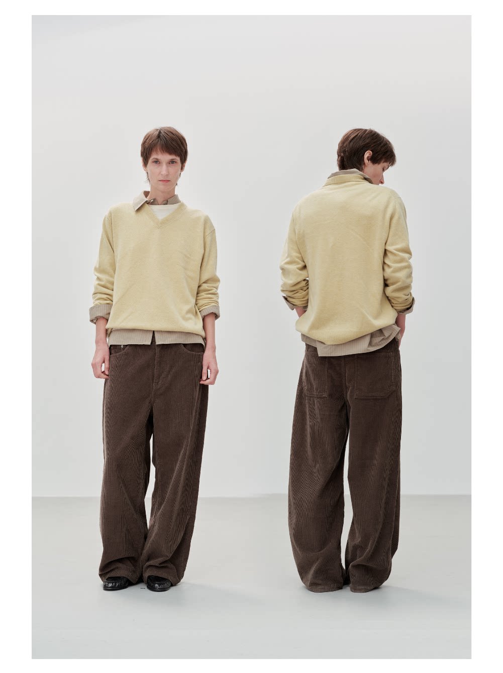 Wool cashmere crewneck sweater, front and back views of light yellow crewneck sweater