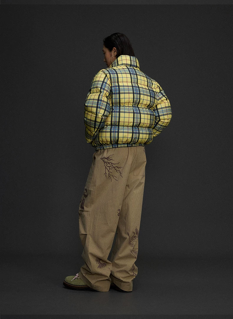 Yellow Plaid Hooded Puffer Jacket product photo, yellow plaid