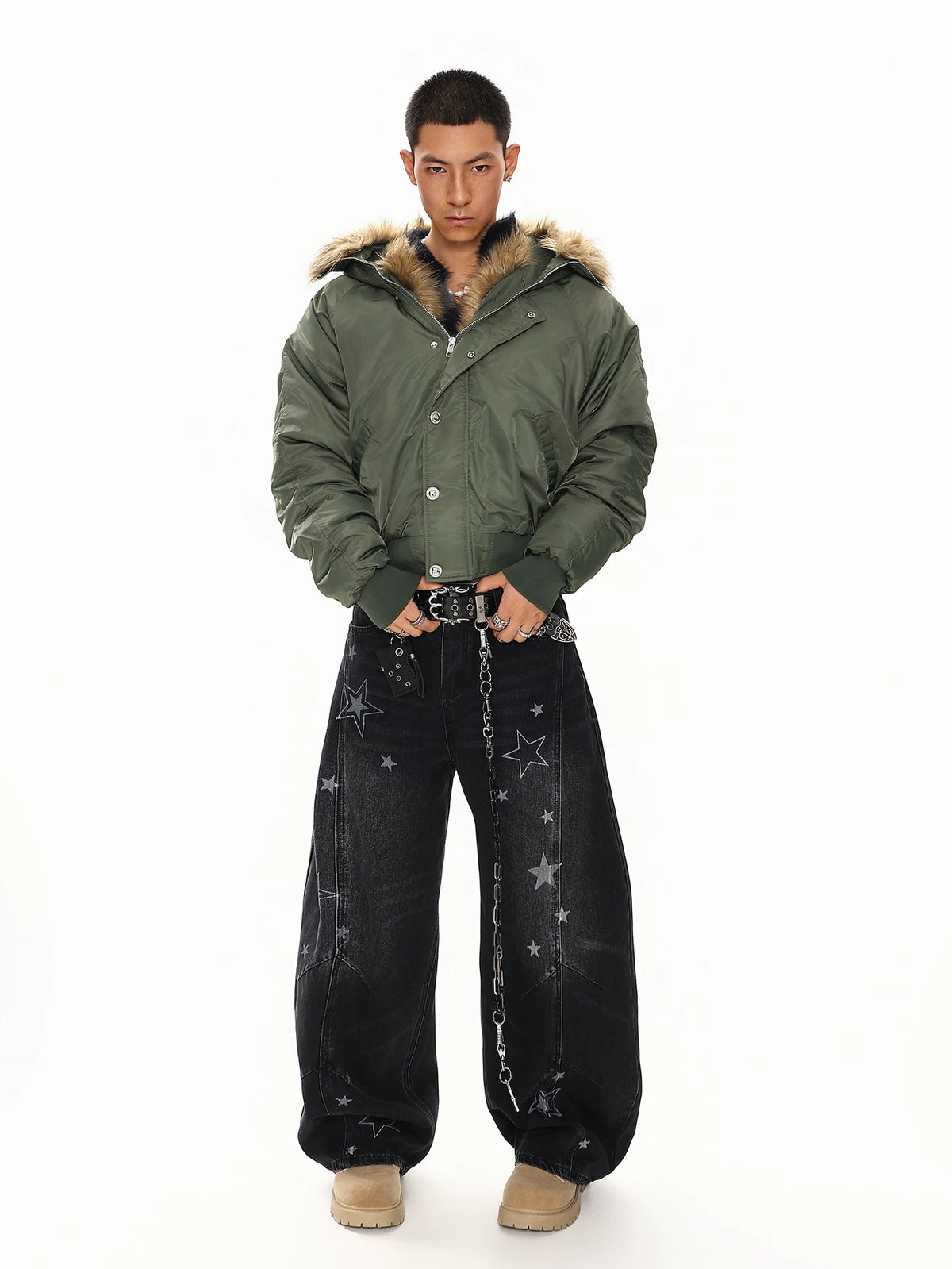 Olive green faux fur hood bomber jacket, full front view on model