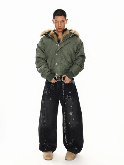Olive green faux fur hood bomber jacket, full front view on model