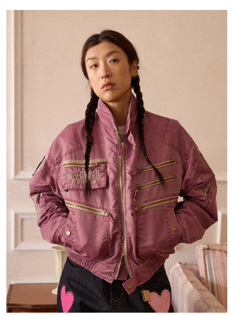 Washed Quilted Patch Embroidered Jacket